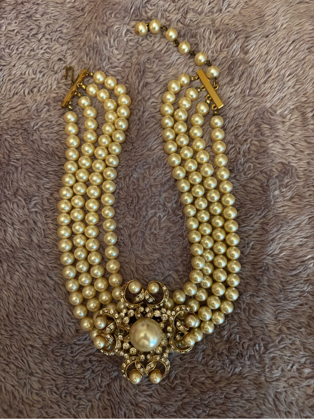 Vintage Pearl Mid-Century Multi-strand Choker Necklace Rhinestone